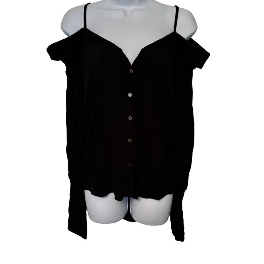 VICI Women Off Shoulder Black Blouse Long Sleeve Medium Cold Shoulder Shirt - Picture 2 of 11